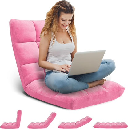 Folding Floor Gaming Chair 14-Poistion Cushioned Adjustable Floor Lazy Sofa Chair w/Breathable Cotton & Skin-Friendly Coral Velve for Adults & Kids Perfect for Reading Gaming Meditating, Grey