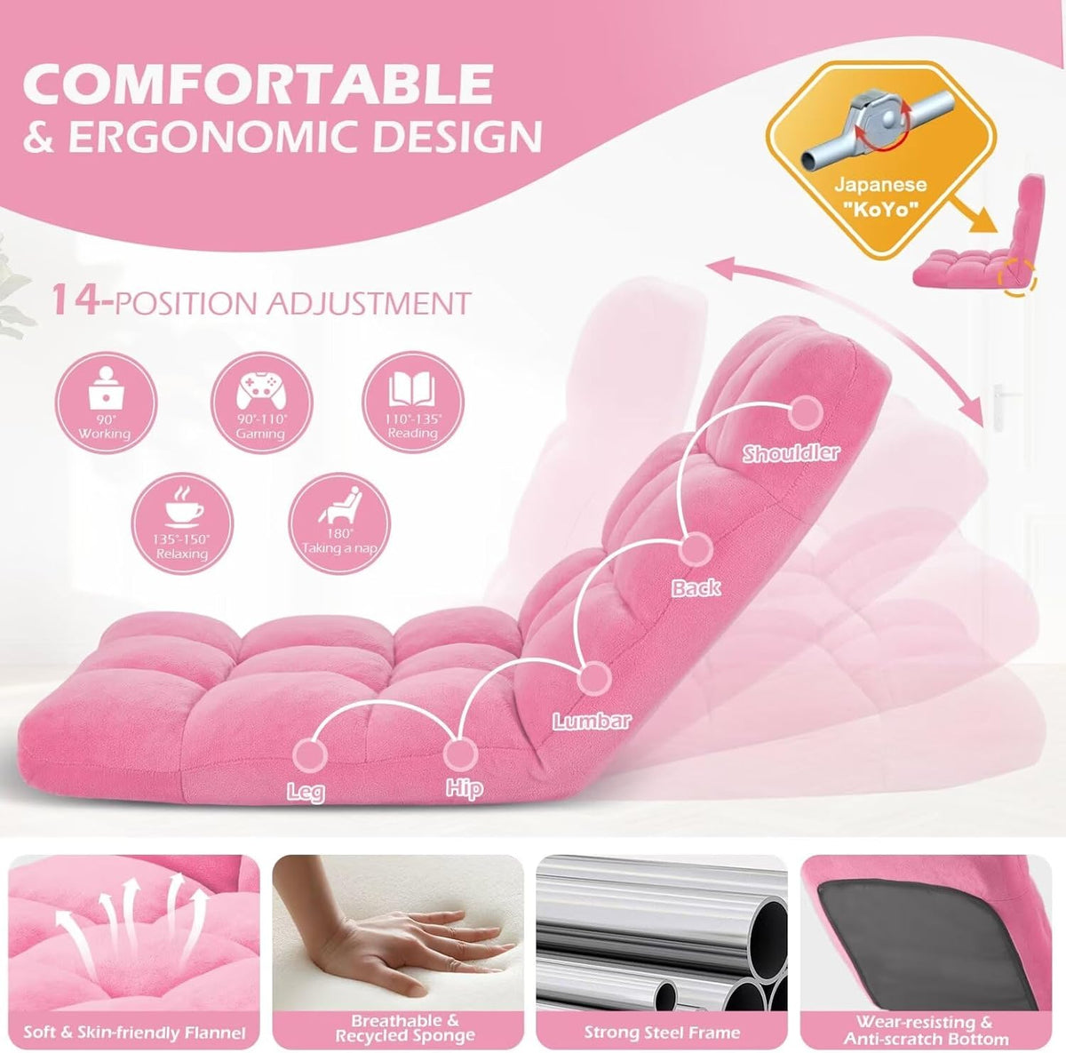 Folding Floor Gaming Chair 14-Poistion Cushioned Adjustable Floor Lazy Sofa Chair w/Breathable Cotton & Skin-Friendly Coral Velve for Adults & Kids Perfect for Reading Gaming Meditating, Grey