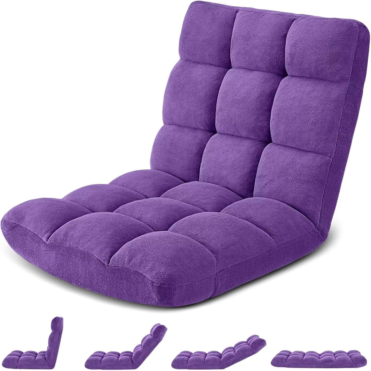 Folding Floor Gaming Chair 14-Poistion Cushioned Adjustable Floor Lazy Sofa Chair w/Breathable Cotton & Skin-Friendly Coral Velve for Adults & Kids Perfect for Reading Gaming Meditating, Grey