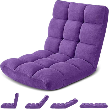 Folding Floor Gaming Chair 14-Poistion Cushioned Adjustable Floor Lazy Sofa Chair w/Breathable Cotton & Skin-Friendly Coral Velve for Adults & Kids Perfect for Reading Gaming Meditating, Grey