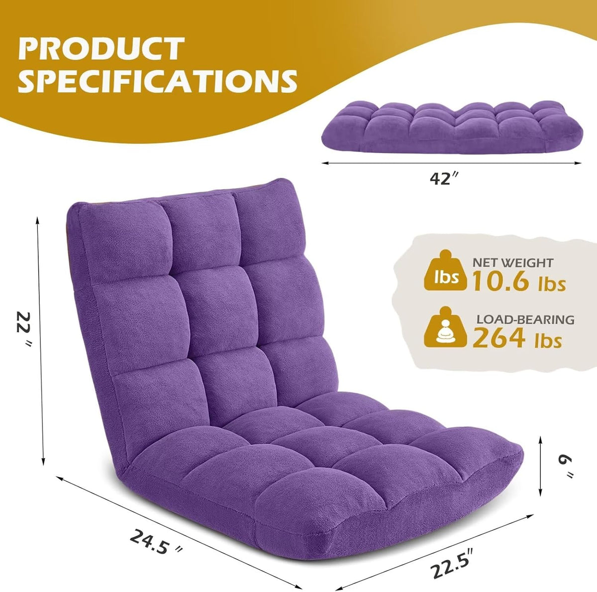 Folding Floor Gaming Chair 14-Poistion Cushioned Adjustable Floor Lazy Sofa Chair w/Breathable Cotton & Skin-Friendly Coral Velve for Adults & Kids Perfect for Reading Gaming Meditating, Grey