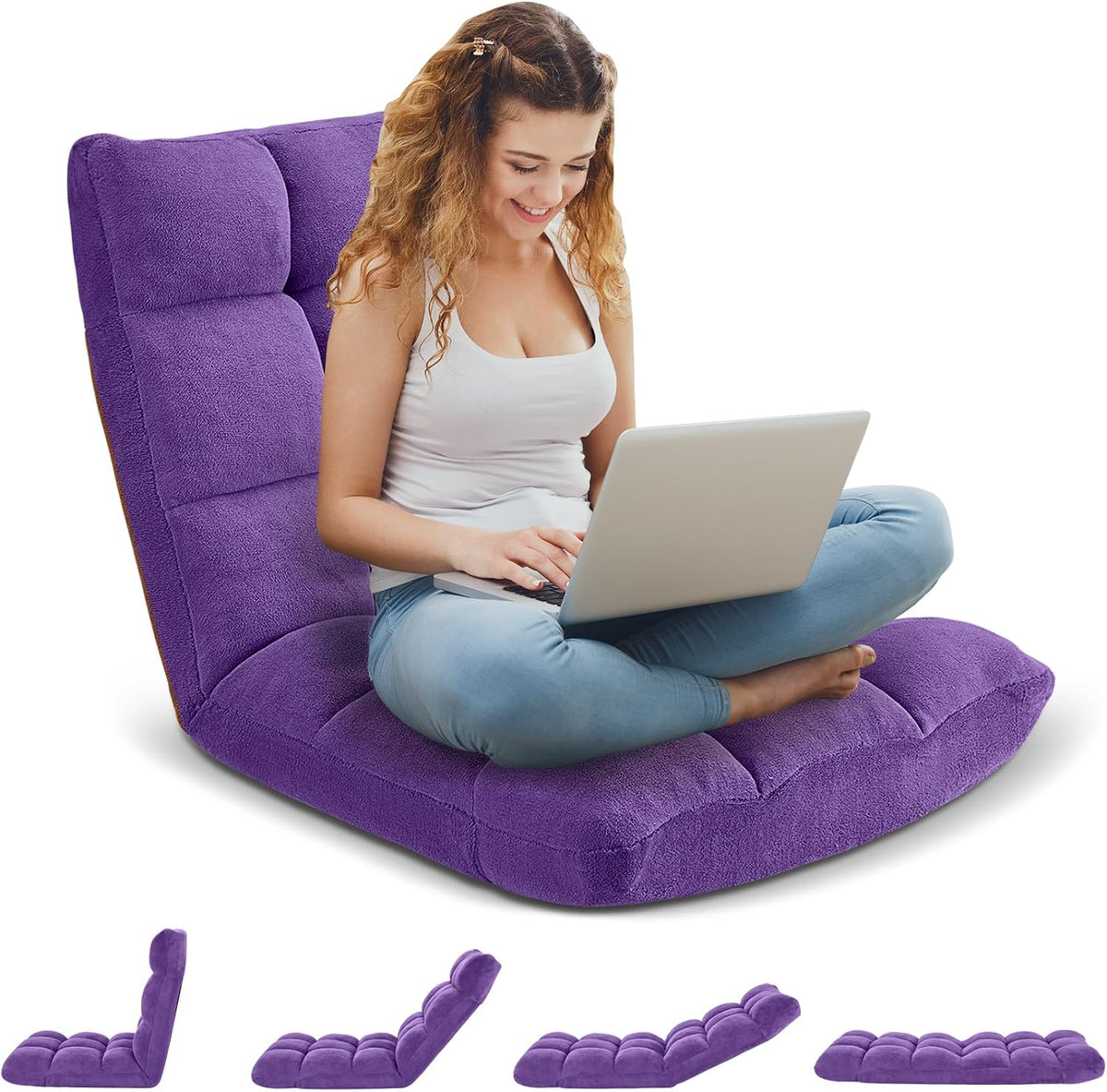 Folding Floor Gaming Chair 14-Poistion Cushioned Adjustable Floor Lazy Sofa Chair w/Breathable Cotton & Skin-Friendly Coral Velve for Adults & Kids Perfect for Reading Gaming Meditating, Grey
