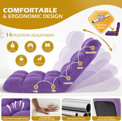Folding Floor Gaming Chair 14-Poistion Cushioned Adjustable Floor Lazy Sofa Chair w/Breathable Cotton & Skin-Friendly Coral Velve for Adults & Kids Perfect for Reading Gaming Meditating, Grey