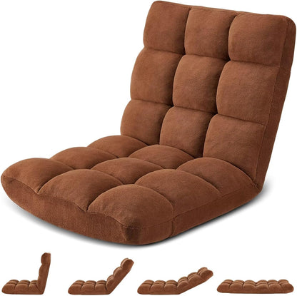 Folding Floor Gaming Chair 14-Poistion Cushioned Adjustable Floor Lazy Sofa Chair w/Breathable Cotton & Skin-Friendly Coral Velve for Adults & Kids Perfect for Reading Gaming Meditating, Grey