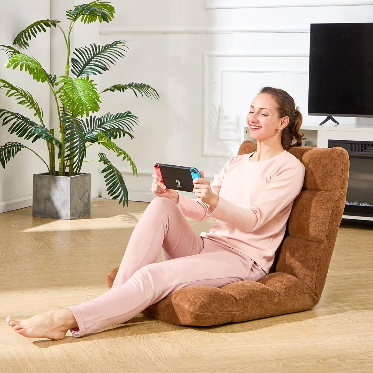 Folding Floor Gaming Chair 14-Poistion Cushioned Adjustable Floor Lazy Sofa Chair w/Breathable Cotton & Skin-Friendly Coral Velve for Adults & Kids Perfect for Reading Gaming Meditating, Grey