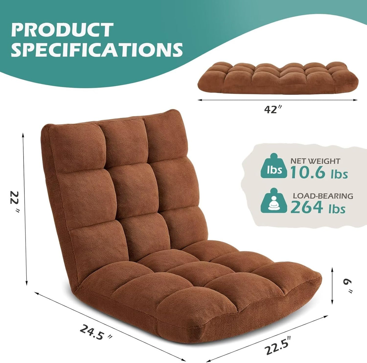 Folding Floor Gaming Chair 14-Poistion Cushioned Adjustable Floor Lazy Sofa Chair w/Breathable Cotton & Skin-Friendly Coral Velve for Adults & Kids Perfect for Reading Gaming Meditating, Grey