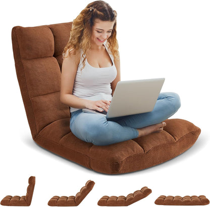 Folding Floor Gaming Chair 14-Poistion Cushioned Adjustable Floor Lazy Sofa Chair w/Breathable Cotton & Skin-Friendly Coral Velve for Adults & Kids Perfect for Reading Gaming Meditating, Grey