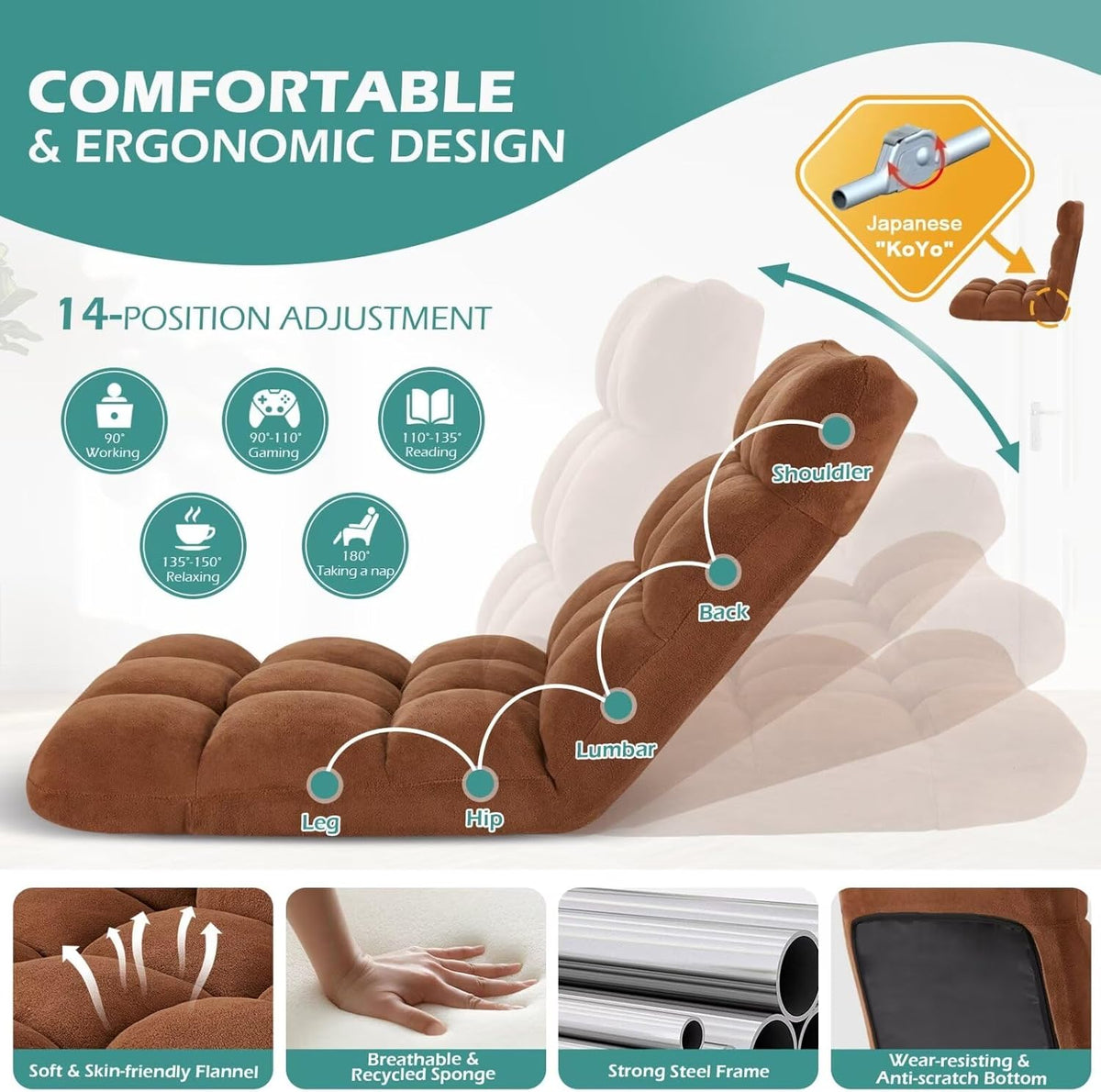 Folding Floor Gaming Chair 14-Poistion Cushioned Adjustable Floor Lazy Sofa Chair w/Breathable Cotton & Skin-Friendly Coral Velve for Adults & Kids Perfect for Reading Gaming Meditating, Grey