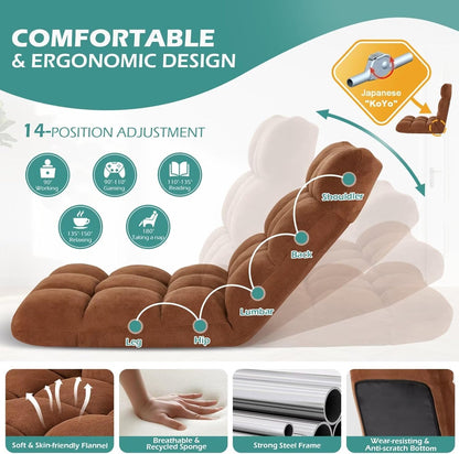 Folding Floor Gaming Chair 14-Poistion Cushioned Adjustable Floor Lazy Sofa Chair w/Breathable Cotton & Skin-Friendly Coral Velve for Adults & Kids Perfect for Reading Gaming Meditating, Grey