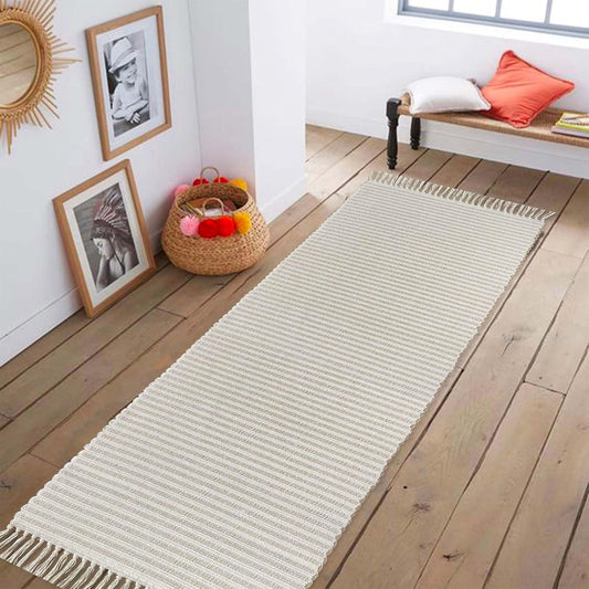 Beige & Ivory Providence Runner 2.5x8 feet |Hand Woven Farmhouse Rug with Hand Knotted Fringes|Great in Kitchens entryways Hallways Bathrooms Meditation Yoga Mat|Reversible Cotton Rug