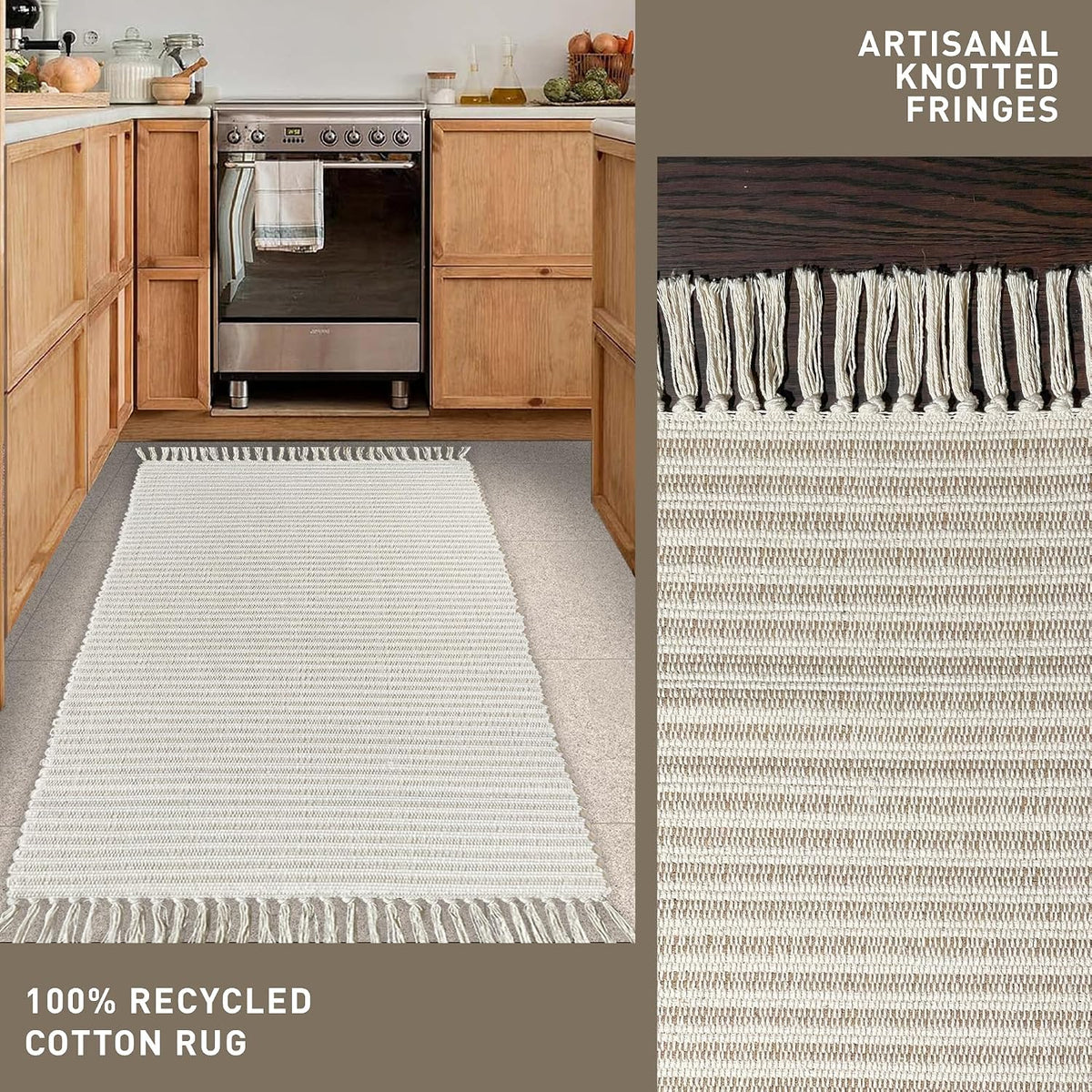 Beige & Ivory Providence Runner 2.5x8 feet |Hand Woven Farmhouse Rug with Hand Knotted Fringes|Great in Kitchens entryways Hallways Bathrooms Meditation Yoga Mat|Reversible Cotton Rug