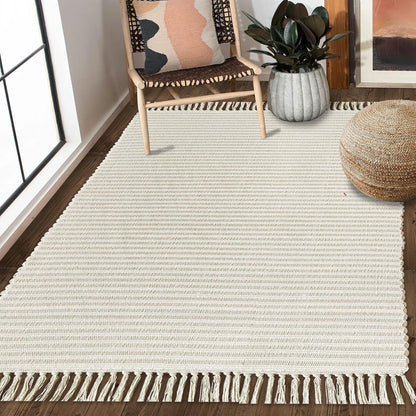 Beige & Ivory Providence Runner 2.5x8 feet |Hand Woven Farmhouse Rug with Hand Knotted Fringes|Great in Kitchens entryways Hallways Bathrooms Meditation Yoga Mat|Reversible Cotton Rug