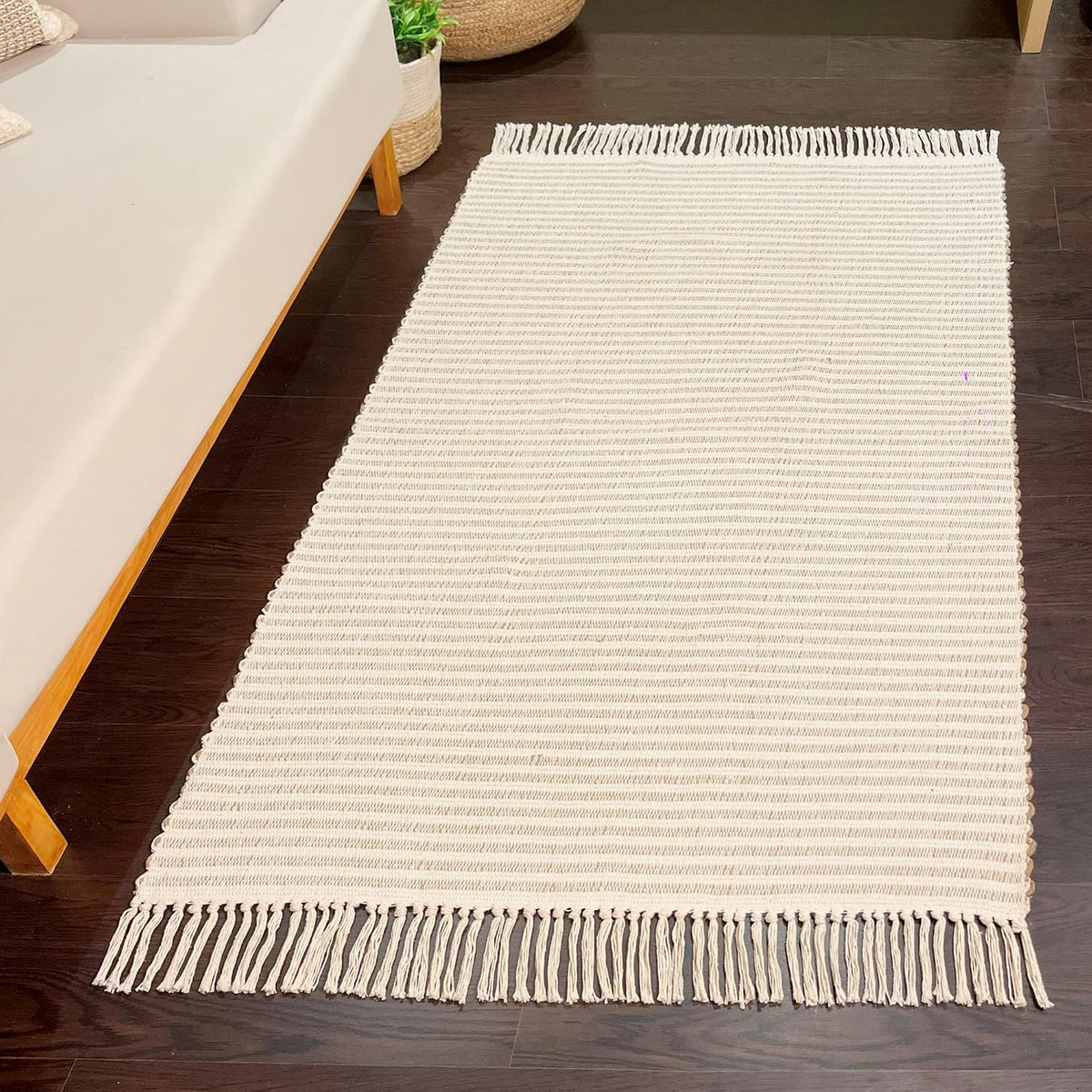 Beige & Ivory Providence Runner 2.5x8 feet |Hand Woven Farmhouse Rug with Hand Knotted Fringes|Great in Kitchens entryways Hallways Bathrooms Meditation Yoga Mat|Reversible Cotton Rug