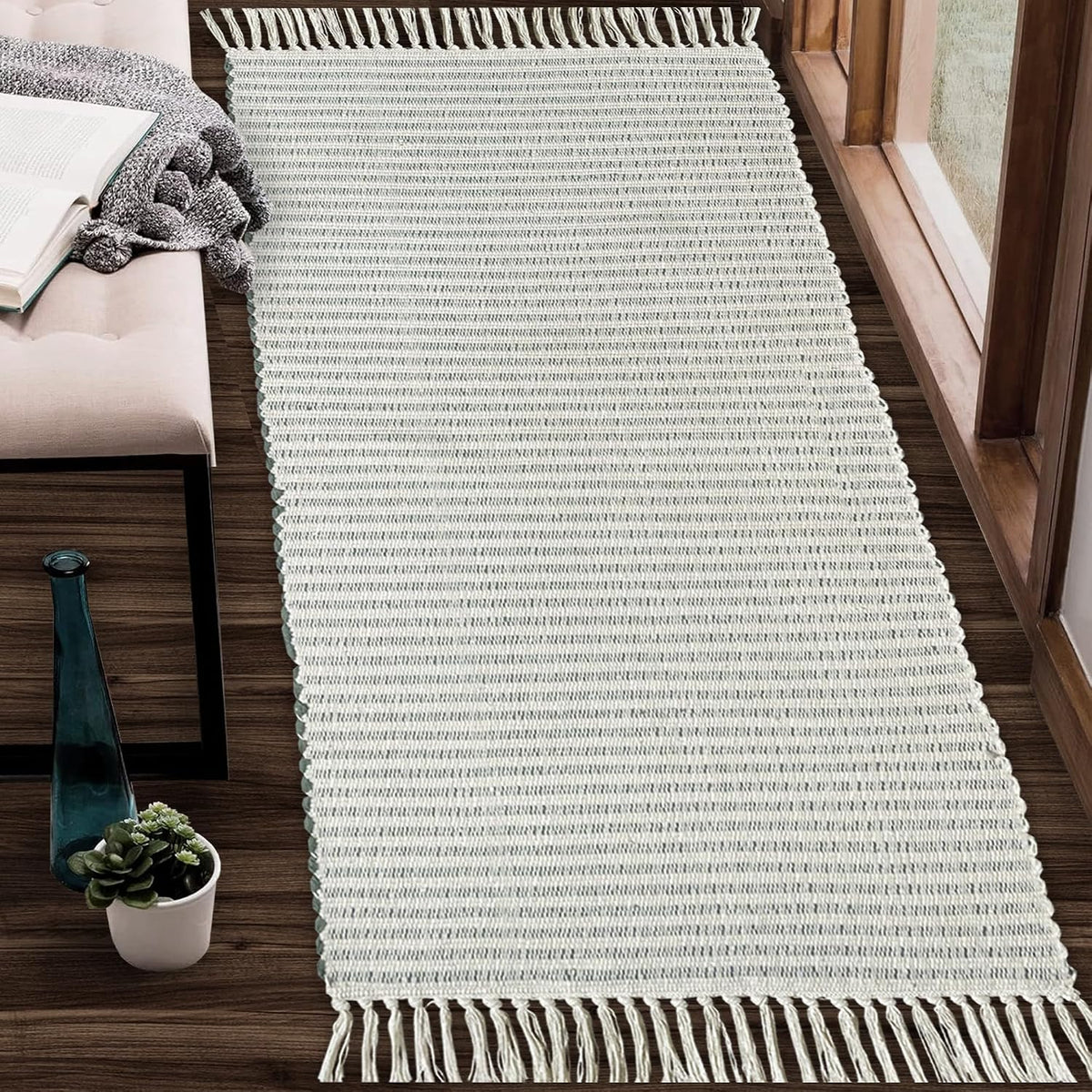 Beige & Ivory Providence Runner 2.5x8 feet |Hand Woven Farmhouse Rug with Hand Knotted Fringes|Great in Kitchens entryways Hallways Bathrooms Meditation Yoga Mat|Reversible Cotton Rug
