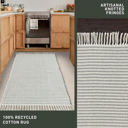 Beige & Ivory Providence Runner 2.5x8 feet |Hand Woven Farmhouse Rug with Hand Knotted Fringes|Great in Kitchens entryways Hallways Bathrooms Meditation Yoga Mat|Reversible Cotton Rug