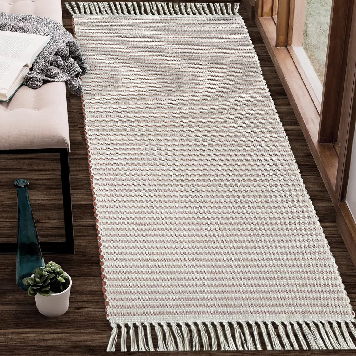Beige & Ivory Providence Runner 2.5x8 feet |Hand Woven Farmhouse Rug with Hand Knotted Fringes|Great in Kitchens entryways Hallways Bathrooms Meditation Yoga Mat|Reversible Cotton Rug