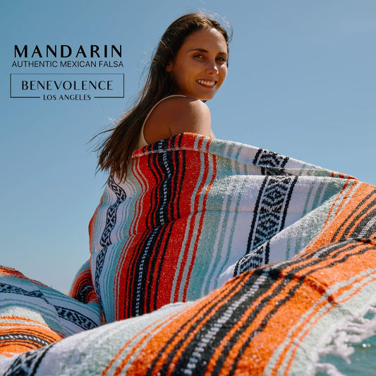 Authentic Mexican Blanket – Handwoven Falsa Serape Throw – Beach, Camping, Picnic & Yoga Blanket – Lightweight Cotton Throw for Outdoor & Home – Mandarin, 50x70 in