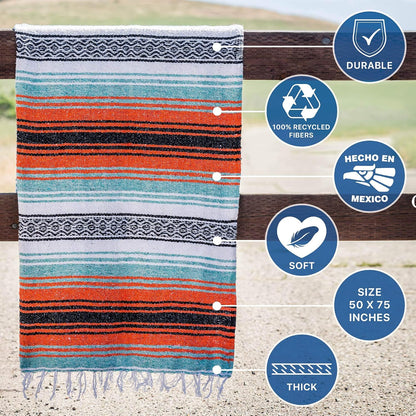 Authentic Mexican Blanket – Handwoven Falsa Serape Throw – Beach, Camping, Picnic & Yoga Blanket – Lightweight Cotton Throw for Outdoor & Home – Mandarin, 50x70 in