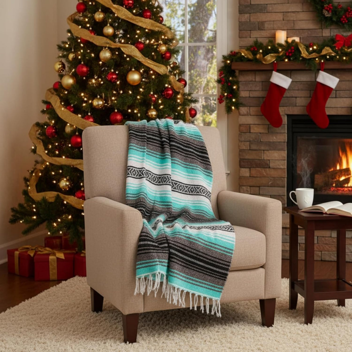 Authentic Mexican Blanket – Handwoven Falsa Serape Throw – Beach, Camping, Picnic & Yoga Blanket – Lightweight Cotton Throw for Outdoor & Home – Mandarin, 50x70 in