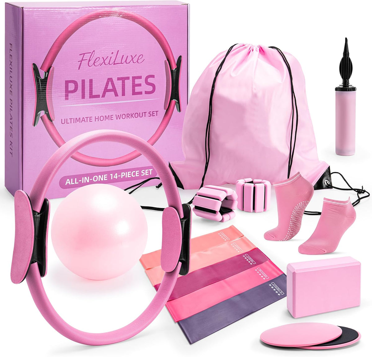 14-Piece Pink Pilates Kit for Women - Ring, Ball, Bands & Blocks