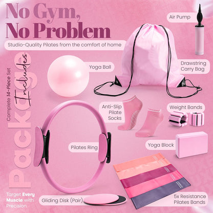 14-Piece Pink Pilates Kit for Women - Ring, Ball, Bands & Blocks