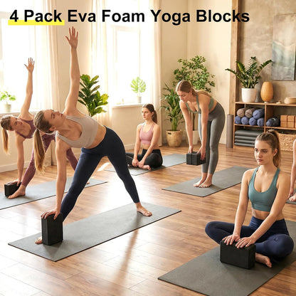 4 Pack Yoga Blocks 9 x 6 x 3 Inch Soft Eva Foam Lightweight Non Slip Yoga Props with Beveled Edges for Yogas Pilates Stretching Meditation (Black)