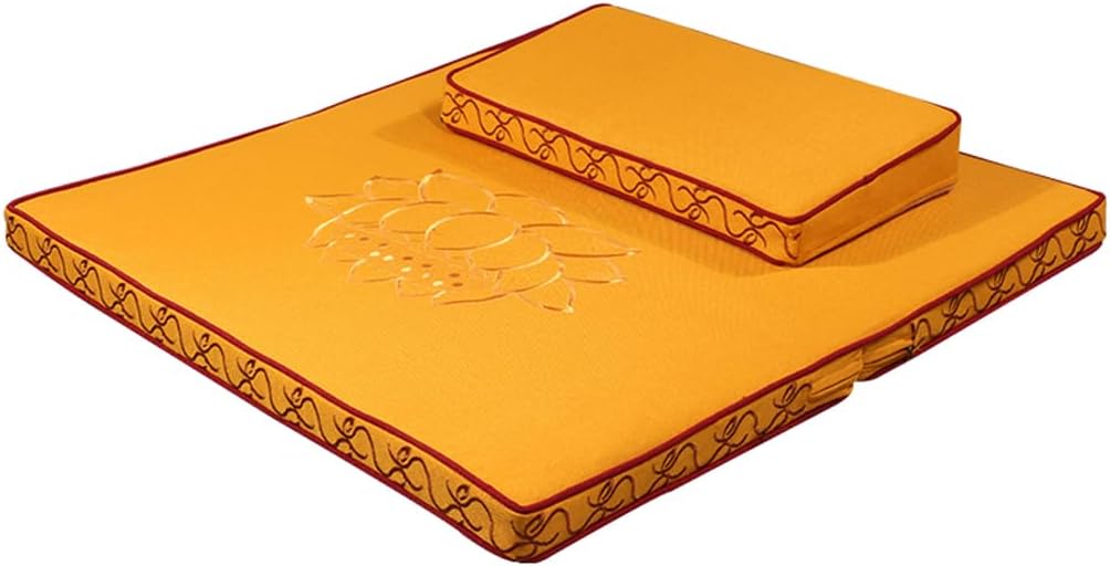 Portable Foldable Meditation Cushion Mat Set with Washable Cotton Linen Cover, Larger Thick Yoga Mat Bolster Floor Pillows Seating for Adults Meditation Accessories yellow-60cm