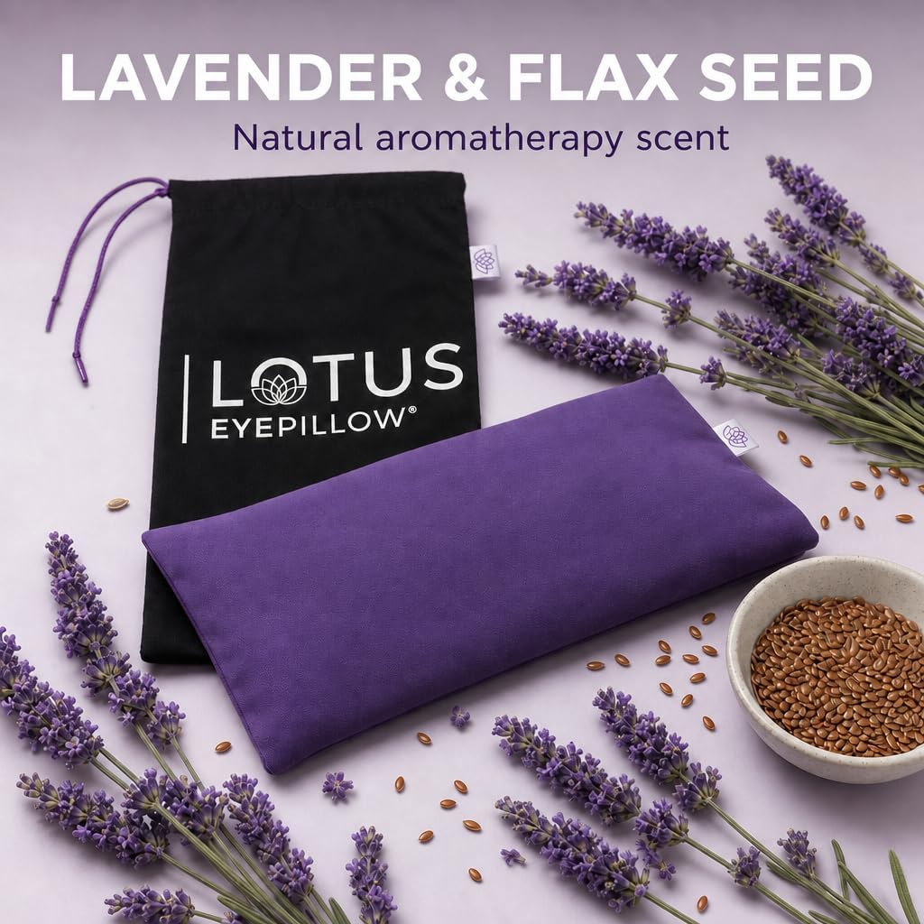 Lotus Lavender Eye Pillow - Weighted Mask for Yoga & Sleep | NOLAVA Sleep & Wellbeing App included; warm or cool headache relief; organic cotton, lavender-flaxseed fill.