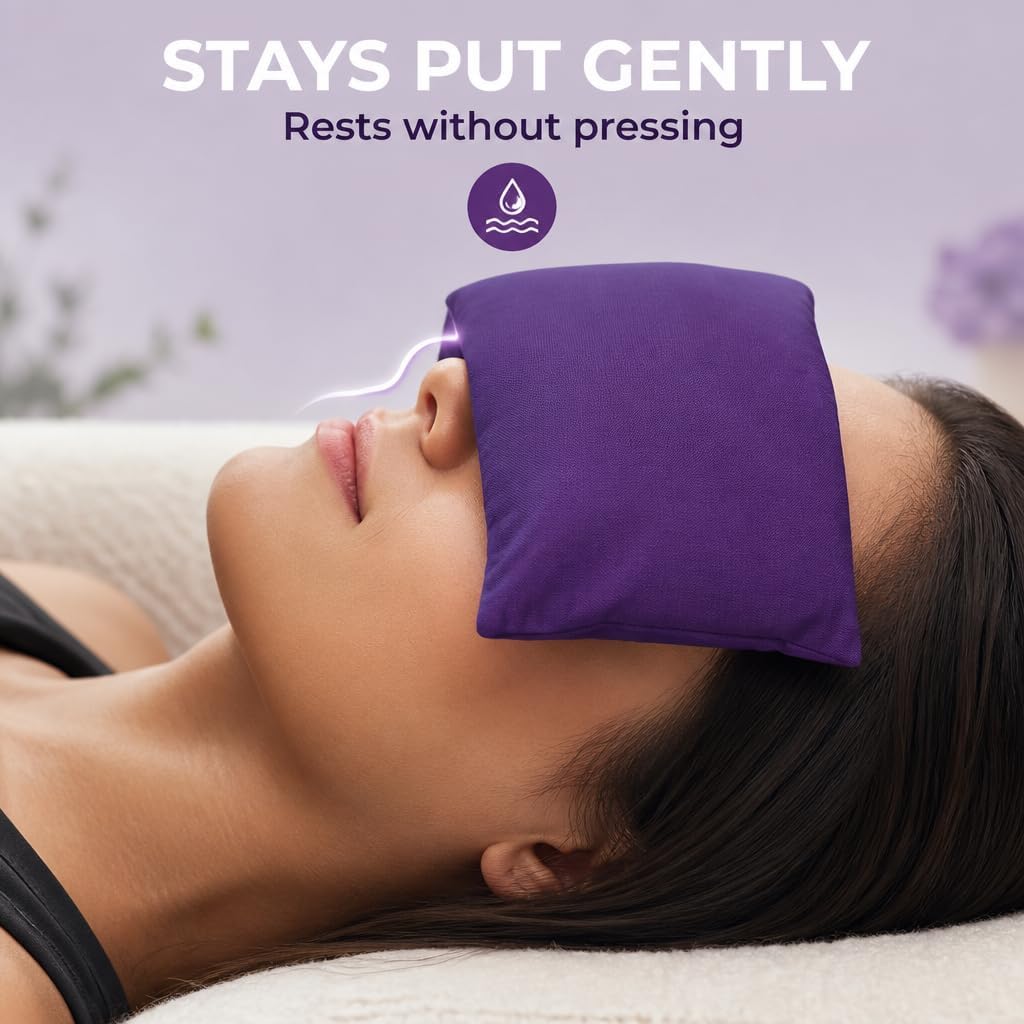 Lotus Lavender Eye Pillow - Weighted Mask for Yoga & Sleep | NOLAVA Sleep & Wellbeing App included; warm or cool headache relief; organic cotton, lavender-flaxseed fill.