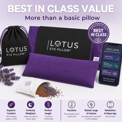 Lotus Lavender Eye Pillow - Weighted Mask for Yoga & Sleep | NOLAVA Sleep & Wellbeing App included; warm or cool headache relief; organic cotton, lavender-flaxseed fill.