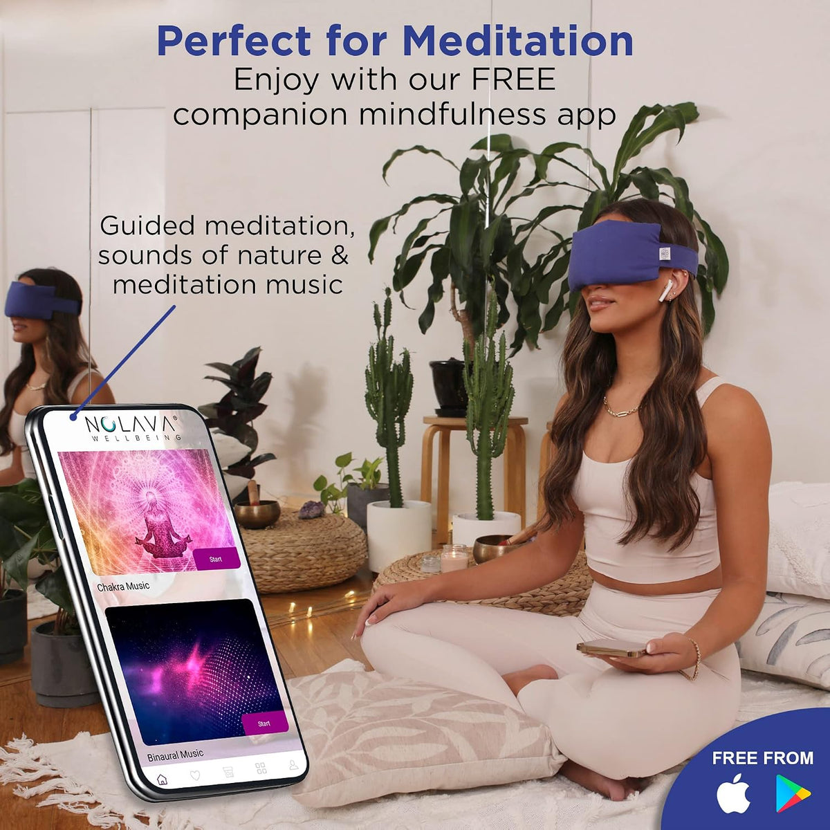 Lotus Lavender Eye Pillow - Weighted Mask for Yoga & Sleep | NOLAVA Sleep & Wellbeing App included; warm or cool headache relief; organic cotton, lavender-flaxseed fill.