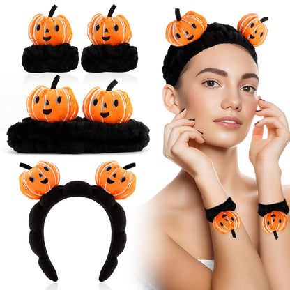 4 Pcs Skincare Headbands for Face Washing Cute Halloween Pumpkin Spa Headband and Wristband Set for Women Fluffy Makeup Headband for Women Girls Makeup Sports Shower Pumpkin Hair Accessories