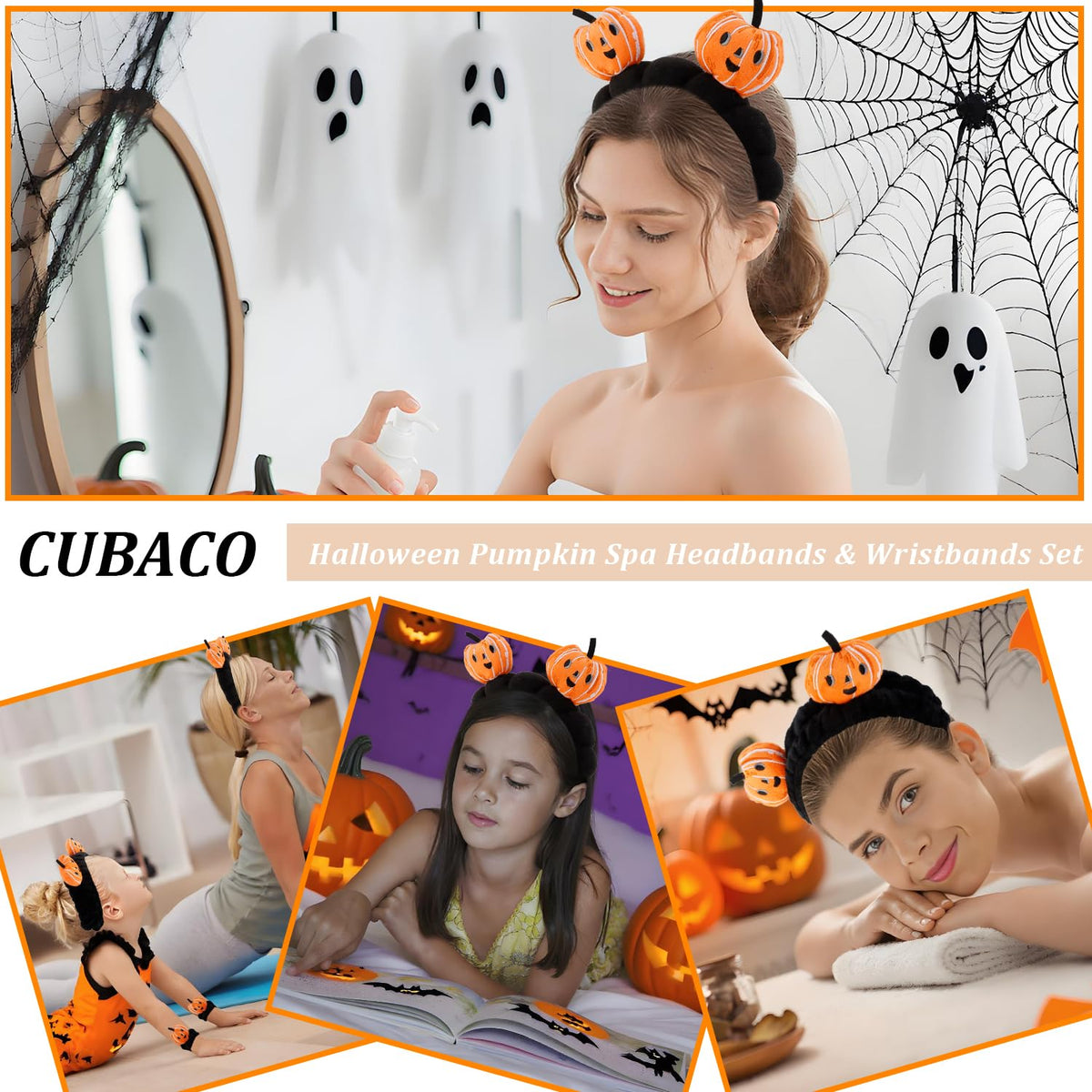4 Pcs Skincare Headbands for Face Washing Cute Halloween Pumpkin Spa Headband and Wristband Set for Women Fluffy Makeup Headband for Women Girls Makeup Sports Shower Pumpkin Hair Accessories