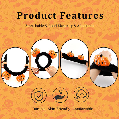 4 Pcs Skincare Headbands for Face Washing Cute Halloween Pumpkin Spa Headband and Wristband Set for Women Fluffy Makeup Headband for Women Girls Makeup Sports Shower Pumpkin Hair Accessories