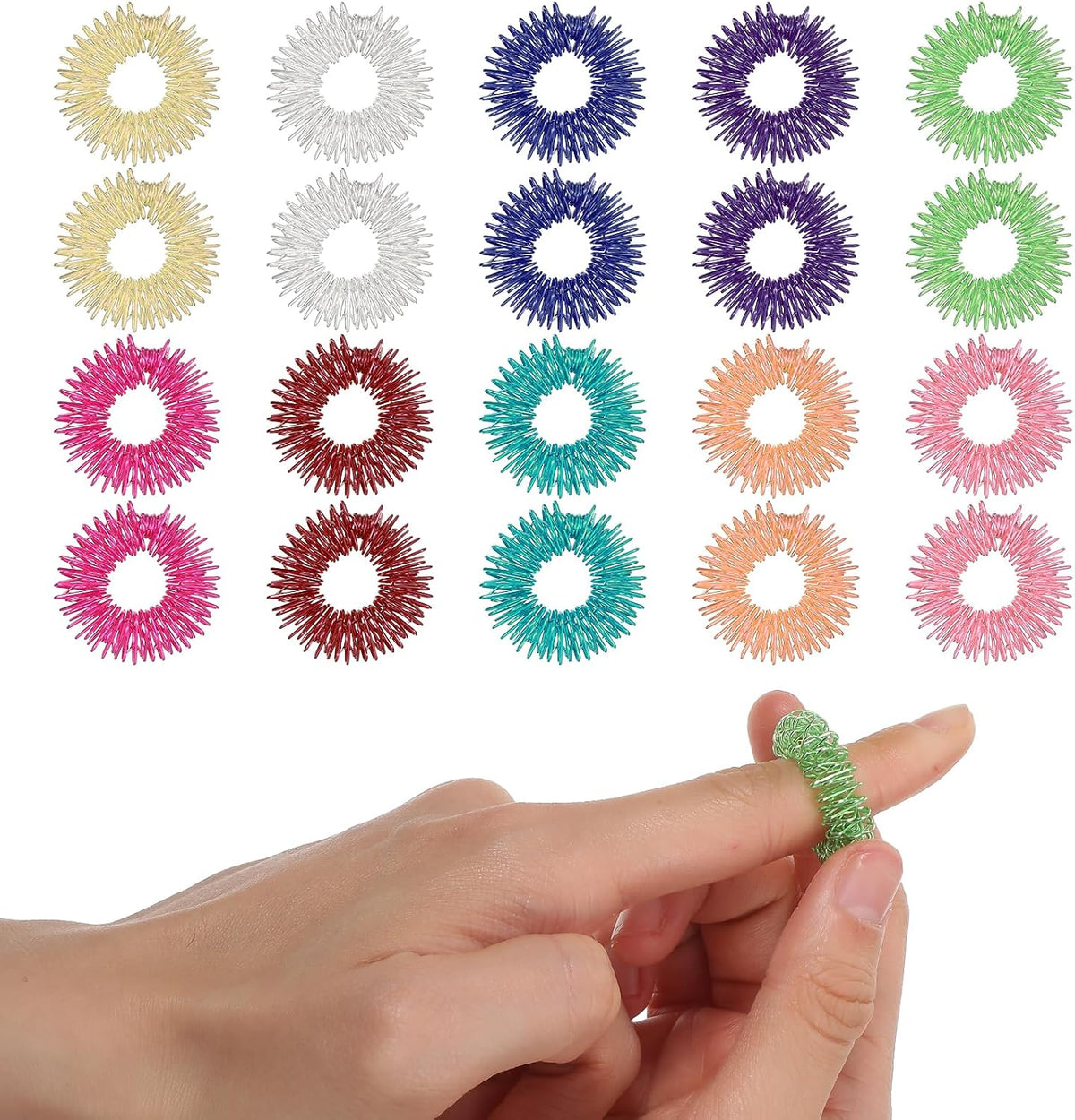 20 Pcs Acupressure Rings, Finger Massager Set Spiky Sensory Rings for Fingers Stress Relief Fidget Sensory Massager for Teens Adults