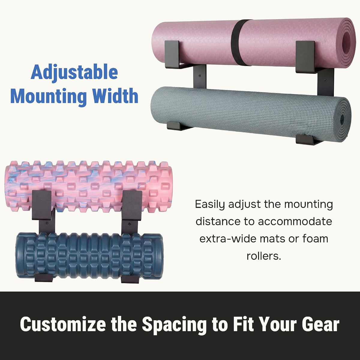 2-Tier Steel Yoga Mat Wall Mount, Adjustable Width, Holds 4 Mats