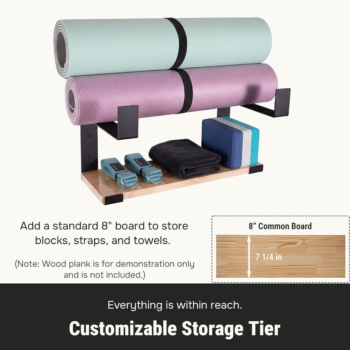2-Tier Steel Yoga Mat Wall Mount, Adjustable Width, Holds 4 Mats