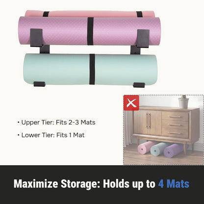 2-Tier Steel Yoga Mat Wall Mount, Adjustable Width, Holds 4 Mats