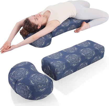 2-Piece Yoga Bolster Pillow, Rectangular & Crescent Meditation Cushions with Removable Cover for Restorative Yoga, Meditation Accessories for Sitting on Floor