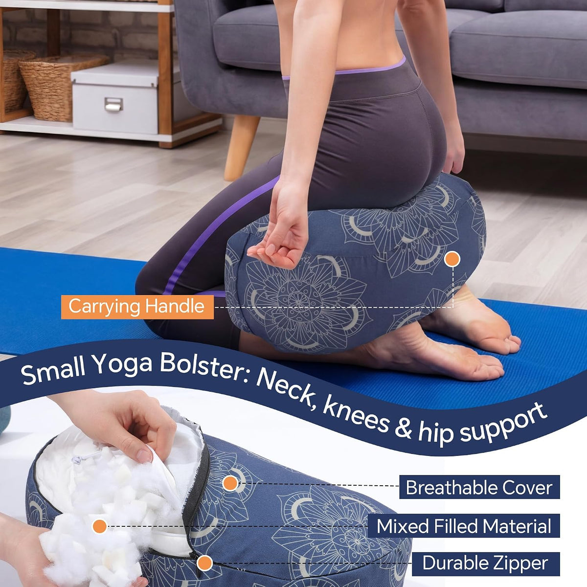 2-Piece Yoga Bolster Pillow, Rectangular & Crescent Meditation Cushions with Removable Cover for Restorative Yoga, Meditation Accessories for Sitting on Floor