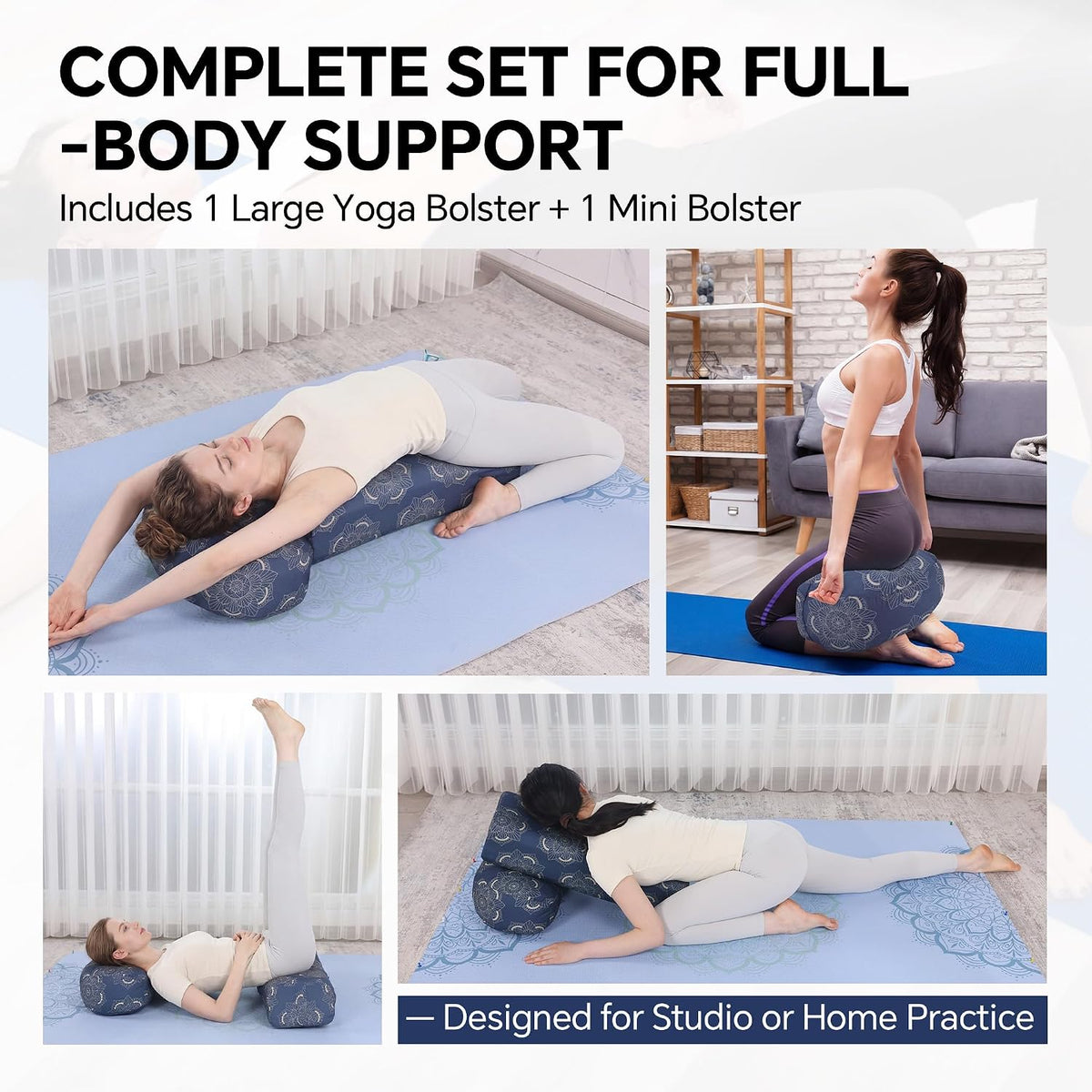 2-Piece Yoga Bolster Pillow, Rectangular & Crescent Meditation Cushions with Removable Cover for Restorative Yoga, Meditation Accessories for Sitting on Floor