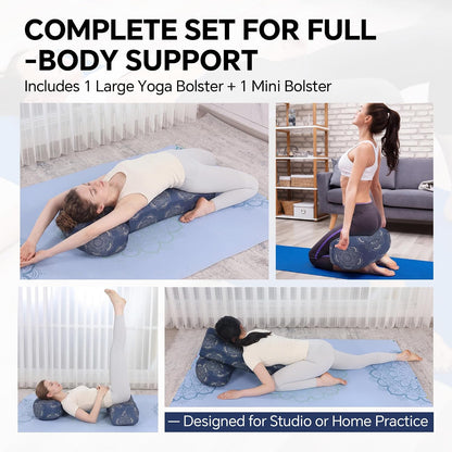 2-Piece Yoga Bolster Pillow, Rectangular & Crescent Meditation Cushions with Removable Cover for Restorative Yoga, Meditation Accessories for Sitting on Floor