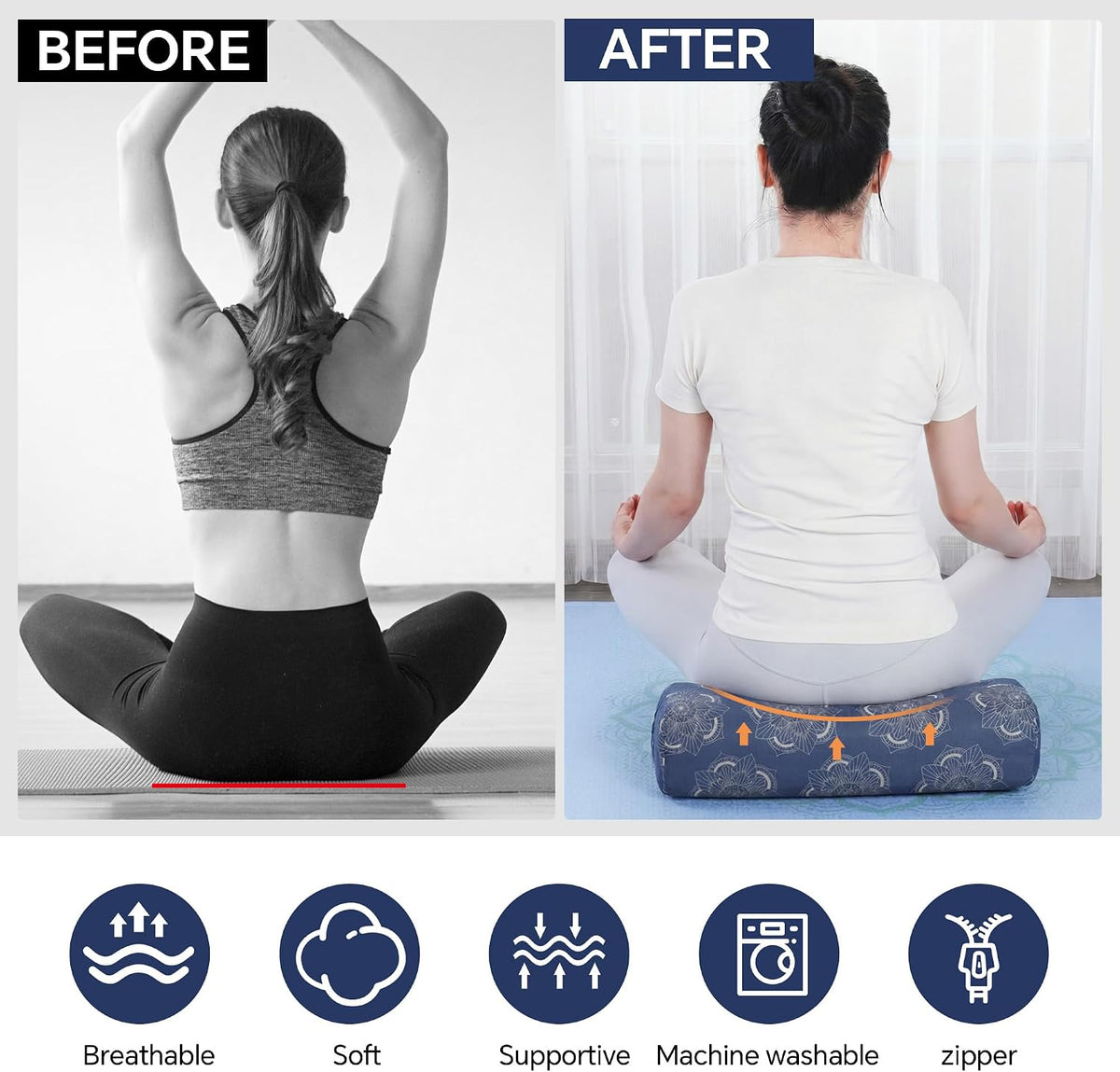 2-Piece Yoga Bolster Pillow, Rectangular & Crescent Meditation Cushions with Removable Cover for Restorative Yoga, Meditation Accessories for Sitting on Floor