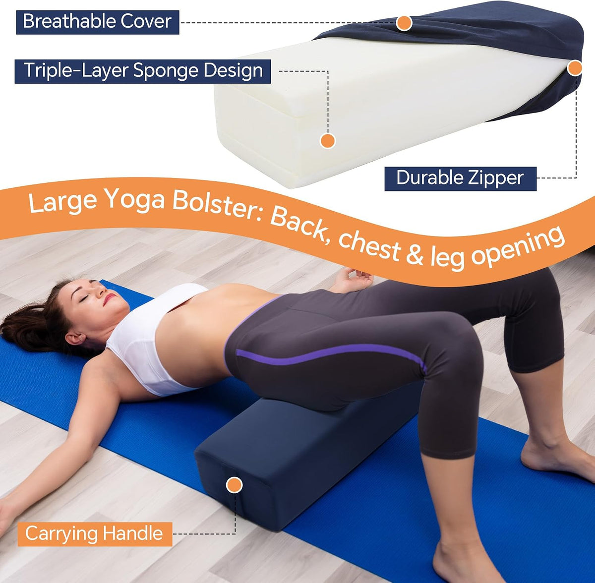 2-Piece Yoga Bolster Pillow, Rectangular & Crescent Meditation Cushions with Removable Cover for Restorative Yoga, Meditation Accessories for Sitting on Floor