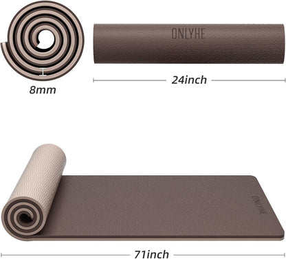 Yoga Mat Thick（8mm）Exercise Mat Non Slip Anti-tear,Pilates Mat for Men and Women,Workout Mats for Home,Barefoot Workouts and Floor Exercise,with Carrier Strap(71"x 24" ) (Light coffee + apricot)