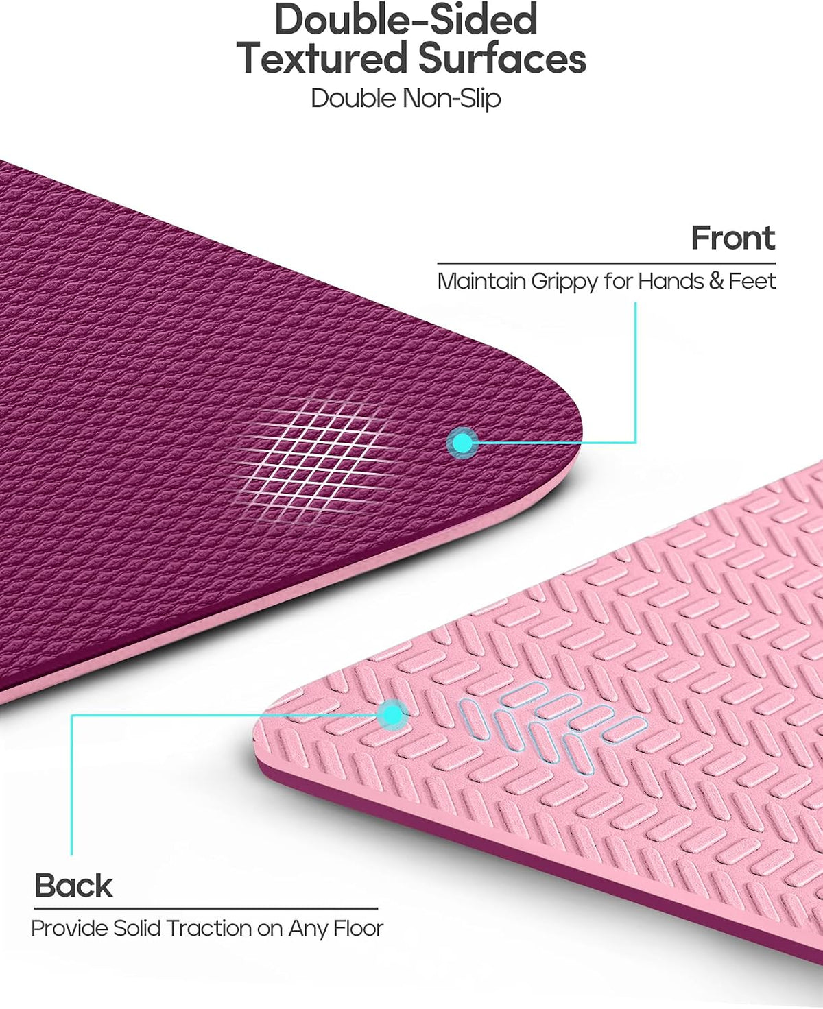Yoga Mat Non Slip TPE Pilates Exercise Mats for Home Workout Gym Fitness Eco Friendly Thick Hot Yoga Mat with Strap Body Alignment,72"x 26" Thickness 1/4"