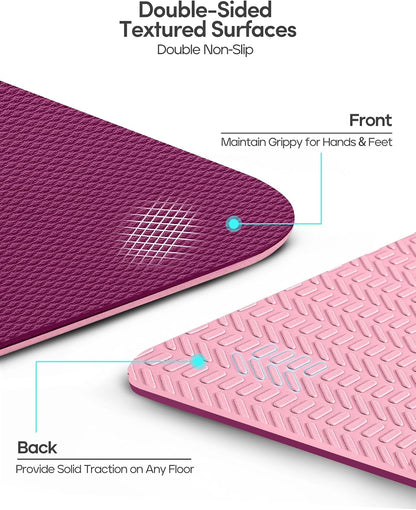 Yoga Mat Non Slip TPE Pilates Exercise Mats for Home Workout Gym Fitness Eco Friendly Thick Hot Yoga Mat with Strap Body Alignment,72"x 26" Thickness 1/4"