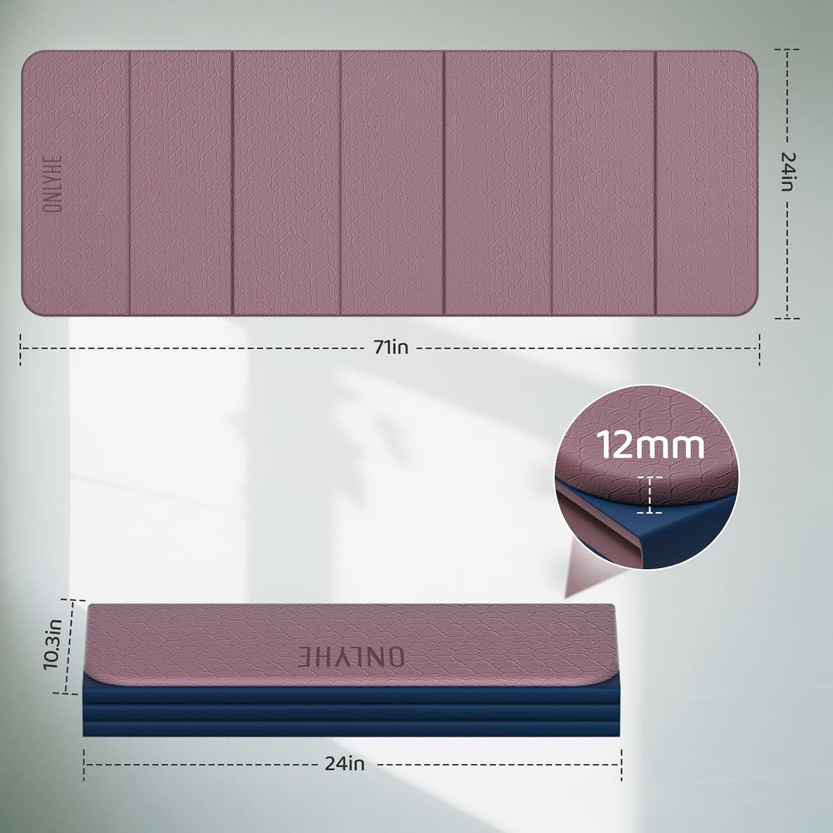 Foldable Yoga Mat (12mm) Exercise Mats for Home Workout,Comfortable and Durable,Thick-Portable Folding Mat,Non Slip,Pilates Mat Thick,Outdoor Use,Meditation,Travel,Camping（71"x24" x0.47"）