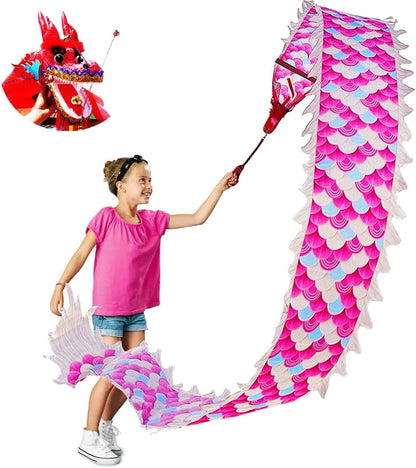 9.8 FT Pink Magic Cloud Dragon Ribbon Poi, 3 Meters Outdoor Dragon Dance Washable Pink Dragon Scale Pattern Ribbon Streamer with 200g 3D Plastic Dragon Head, Swing Rope and Oxford Travel bag Set
