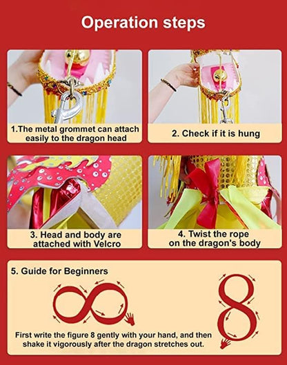 9.8 FT Pink Magic Cloud Dragon Ribbon Poi, 3 Meters Outdoor Dragon Dance Washable Pink Dragon Scale Pattern Ribbon Streamer with 200g 3D Plastic Dragon Head, Swing Rope and Oxford Travel bag Set